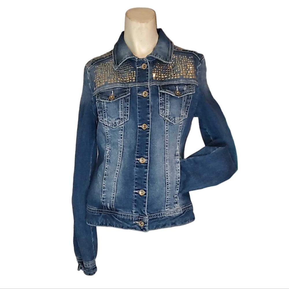 FOREVER 21 Brass Studed Stone Wash Denim Blue Jean Jacket Bodycon Medium